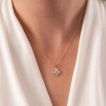 14K Solid Gold Flower Pendant Necklace with CZ Halo Circle Charm