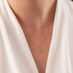 14K Solid Gold Sunburst Necklace with CZ Radiant Star Circle Pendant - Görsel 4